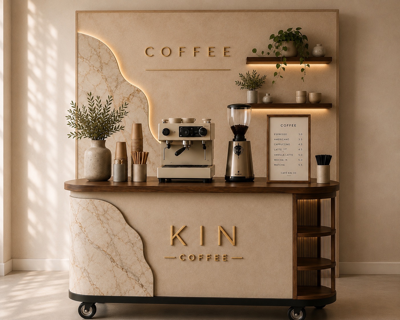 The Kin cart in front of its indoor backdrop wall — lit wooden shelves, trailing plants, and a small COFFEE sign above the marble panel
