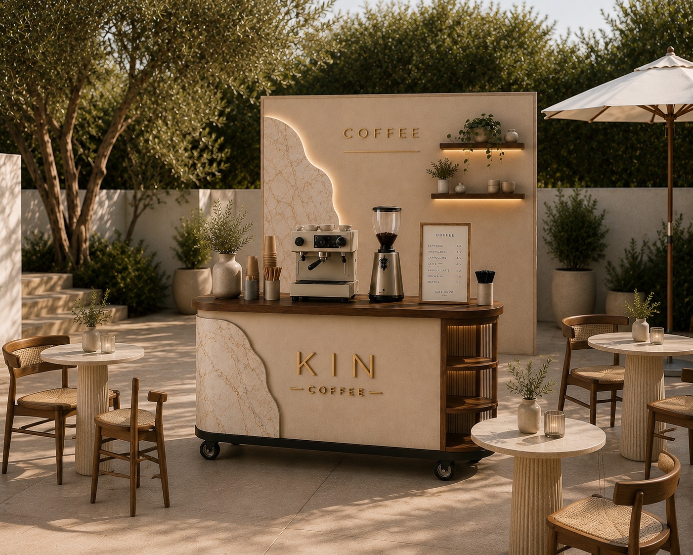 The Kin Coffee cart on a sunlit stone patio among olive trees, with rattan chairs, marble bistro tables, and a linen umbrella