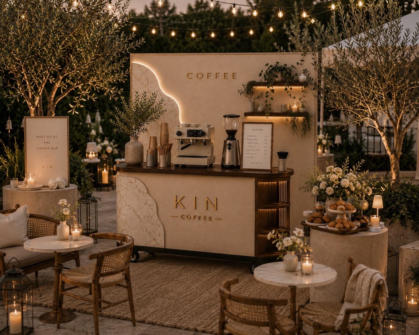 The Kin cart at an evening reception under string lights — candlelit tables, white florals, and a tray of pastries beside it