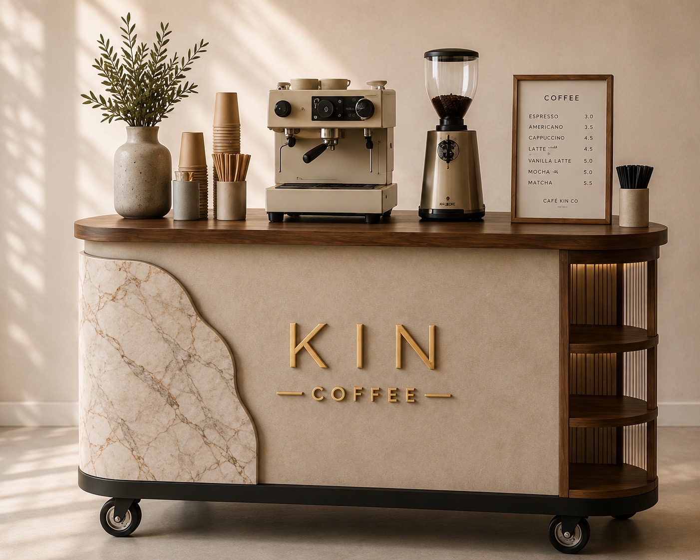 The Kin Coffee cart up close — cream marble panel, brass KIN lettering, and a walnut top holding the espresso machine and grinder